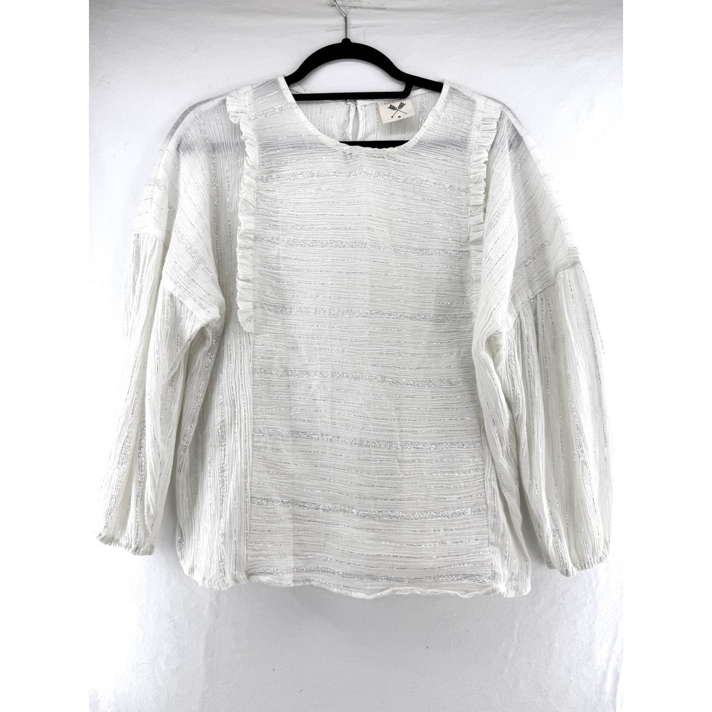Built by Wendy White‎ Cotton Gauze Ruffle Metallic Stripe Blouse Medium
